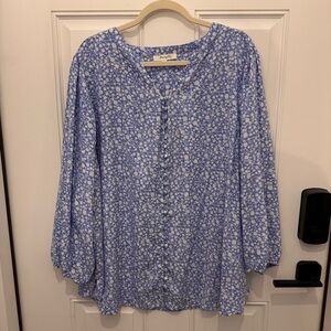 Elegant Blue Floral Button-Up Blouse